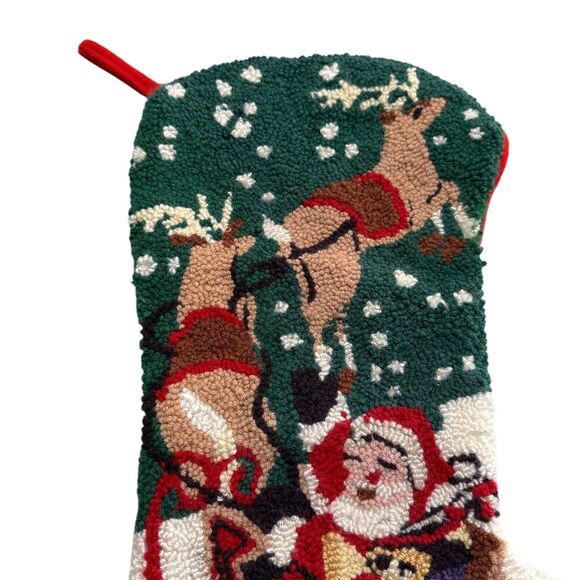 Vintage Santa Sleigh Reindeer 18" Christmas Stocking Loop Punch Needle Kitschy - Picture 4 of 12